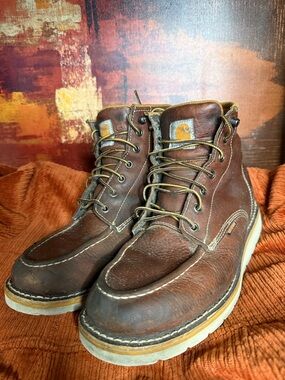 Carhartt Brown Leather Moc Toe Work Boots with Cream Soles